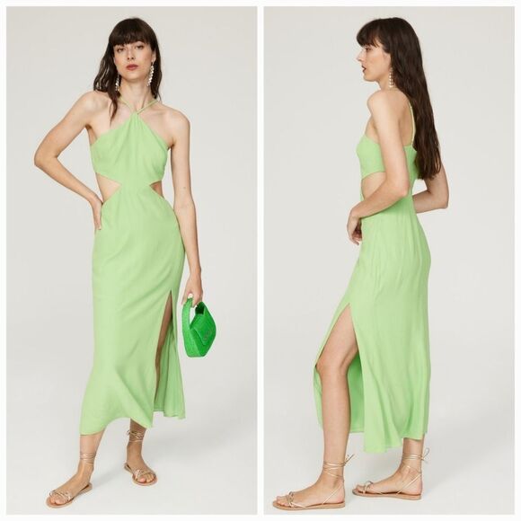 Louna Halter Cutout Green Side Slit Elegant Hourglass Crepe Midi Dress Gown M